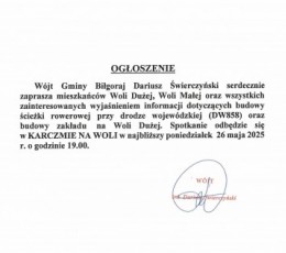 Ogłoszenie dla mieszkańców Woli Dużej i Woli Małej